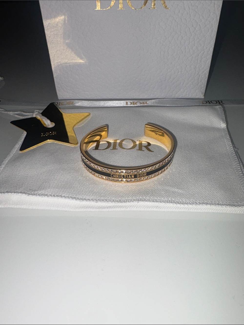 Dior Gold Tone Crystal-Trim 'Christian Dior' Open Cuff Bangle